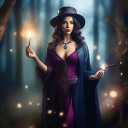 A confident and alluring female magician wearing a stylish and slightly revealing outfit, casting a spell with a magical staff