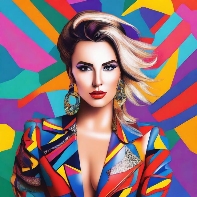 A vibrant and stylish portrait of Gery-Nikol, the Bulgarian pop singer, in a dynamic pose