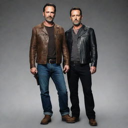 Rick Grimes and Negan Smith from The Walking Dead, portrayed in their iconic outfits, are standing side by side and surprisingly holding hands in a sign of unity.