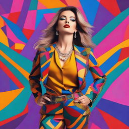 A vibrant and stylish portrait of Gery-Nikol, the Bulgarian pop singer, in a dynamic pose