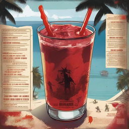 An image featuring a blood-red cocktail in a highball glass, menacing zombies, and a detailed map of the island of Boracay