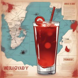 An image featuring a blood-red cocktail in a highball glass, menacing zombies, and a detailed map of the island of Boracay