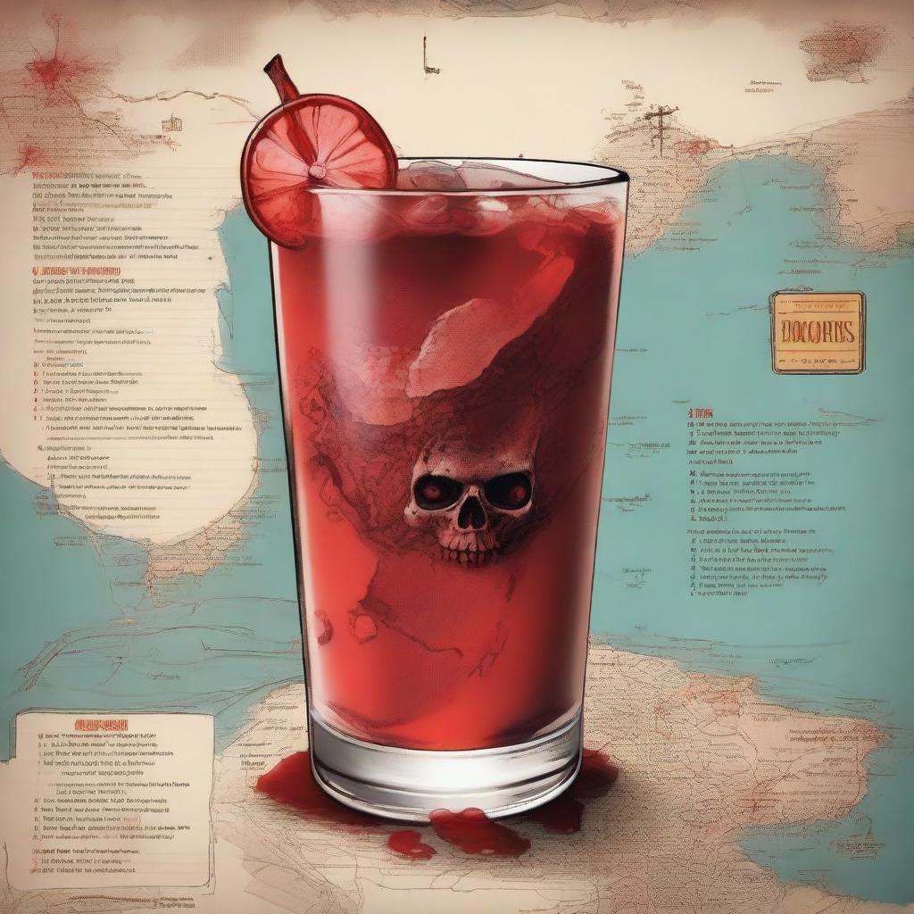 An image featuring a blood-red cocktail in a highball glass, menacing zombies, and a detailed map of the island of Boracay