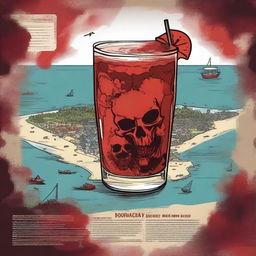 An image featuring a blood-red cocktail in a highball glass, menacing zombies, and a detailed map of the island of Boracay