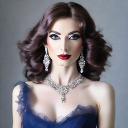 A flat-chested crossdresser wearing a long gown with heavy makeup