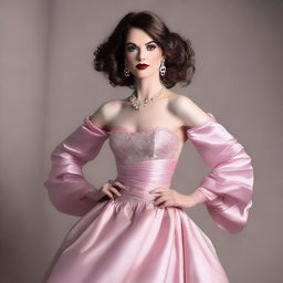 A flat-chested crossdresser wearing a long gown with heavy makeup