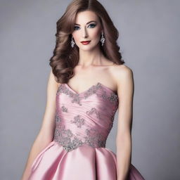 A flat-chested crossdresser wearing a long gown with heavy makeup