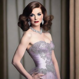 A flat-chested crossdresser wearing an elegant evening gown with heavy makeup