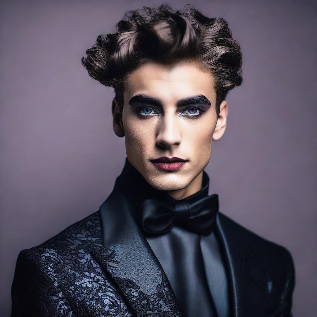 A young man wearing an elegant evening gown with heavy makeup