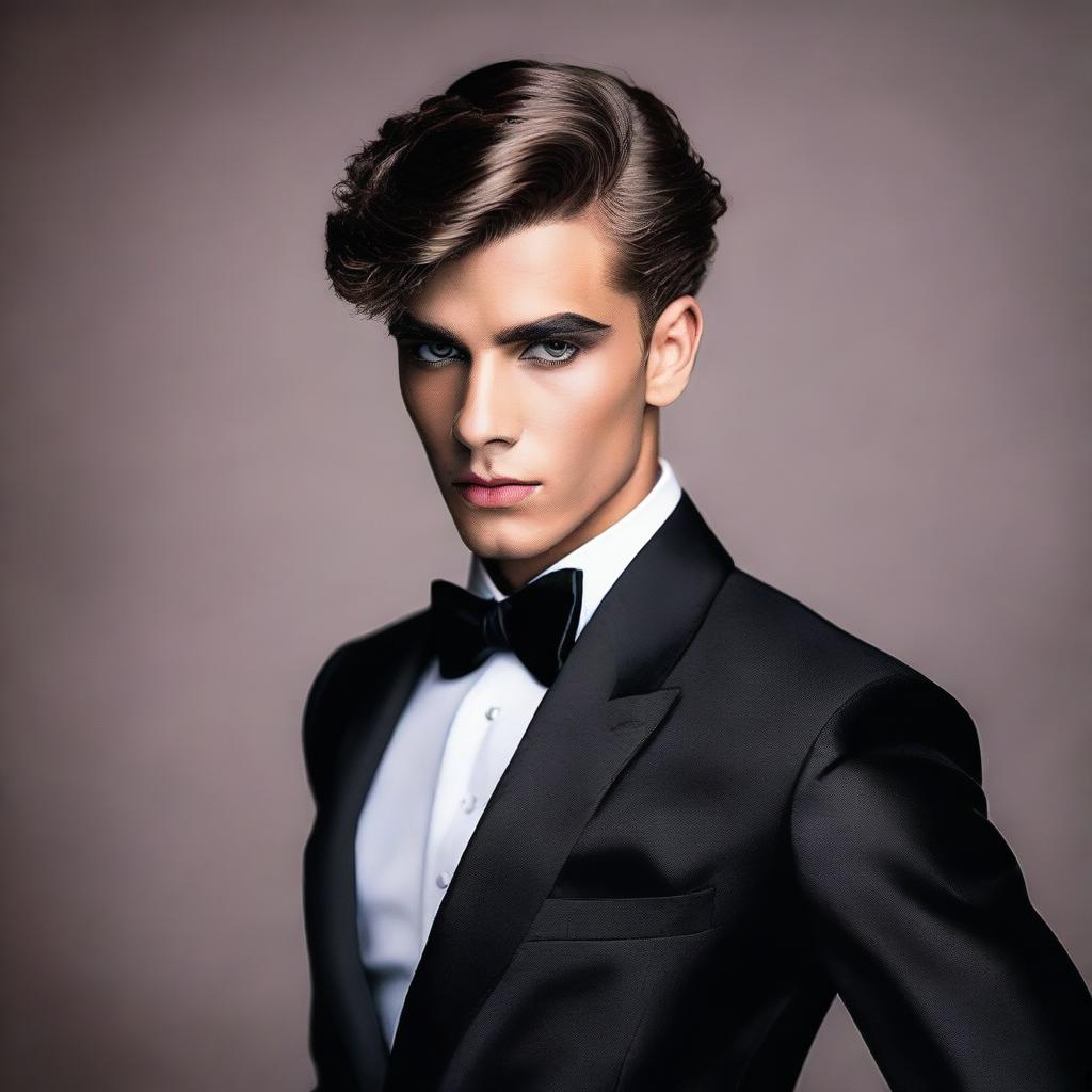 A young man wearing an elegant evening gown with heavy makeup