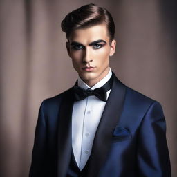 A young man wearing an elegant evening gown with heavy makeup