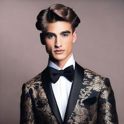 A young man wearing an elegant evening gown with heavy makeup