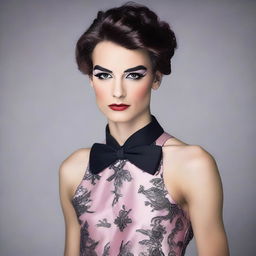 A young man crossdressed in an elegant evening gown with heavy makeup