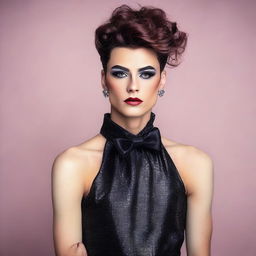 A young man crossdressed in an elegant evening gown with heavy makeup