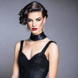 A young man crossdressed in an elegant evening gown with heavy makeup