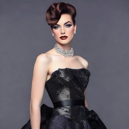 A young man crossdressed in an elegant evening dress with heavy makeup