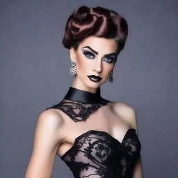 A young man crossdressed in an elegant evening dress with heavy makeup