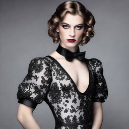 A young man crossdressed in an elegant evening dress with heavy makeup