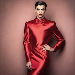 A young man crossdressed in an elegant red evening dress with heavy makeup and metallic heels