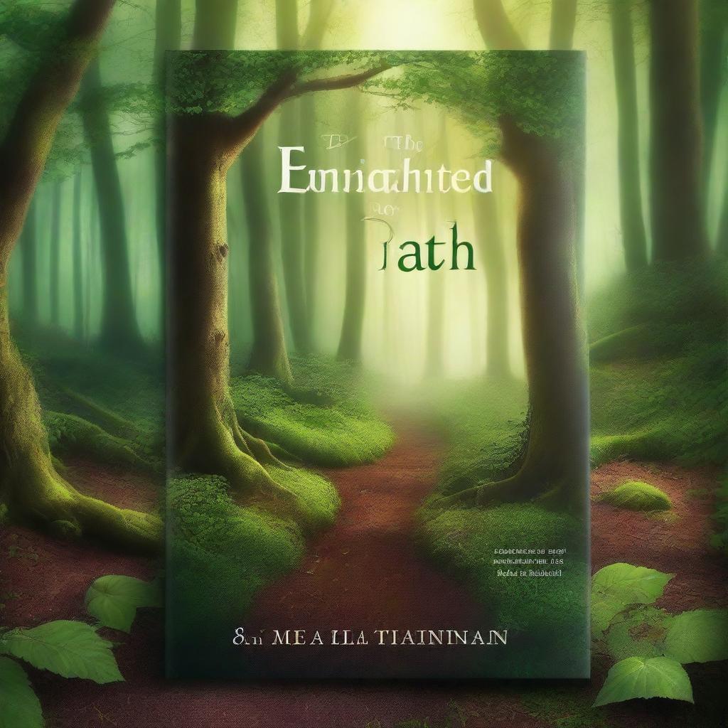 Create a captivating book cover featuring an enchanting forest with a mysterious pathway leading into the depths of the woods