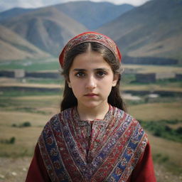 A young Armenian girl in traditional clothing, with her dark, expressive eyes brimming with pride. She stands against a landscape filled with mountainous terrain symbolic of Armenia.