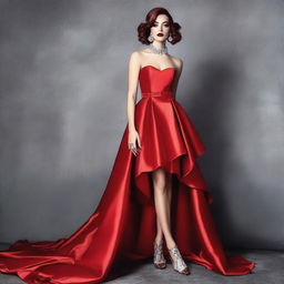 A person dressed in a sissy style, wearing an elegant red evening dress with heavy makeup and metallic heels