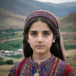 A young Armenian girl in traditional clothing, with her dark, expressive eyes brimming with pride. She stands against a landscape filled with mountainous terrain symbolic of Armenia.