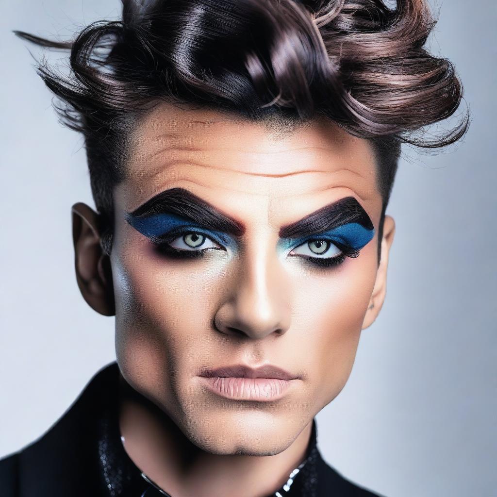 A feminine male with heavy makeup, showcasing a bold and dramatic look