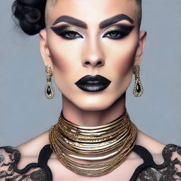 A feminine male with heavy makeup, showcasing a bold and dramatic look