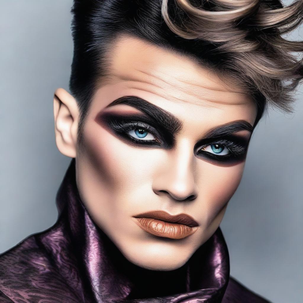 A feminine male with heavy makeup, showcasing a bold and dramatic look