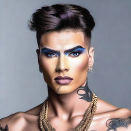 A feminine male with heavy makeup, showcasing a bold and dramatic look