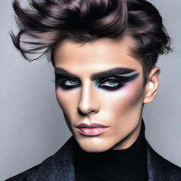 A feminine male with heavy makeup, showcasing a bold and dramatic look