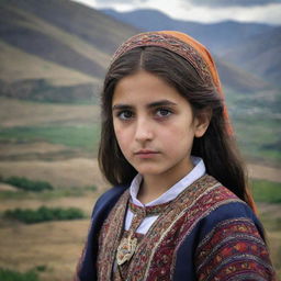 A young Armenian girl in traditional clothing, with her dark, expressive eyes brimming with pride. She stands against a landscape filled with mountainous terrain symbolic of Armenia.