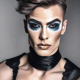 A feminine male with heavy makeup, showcasing a bold and dramatic look