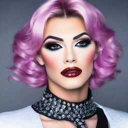 A feminine crossdressed male with heavy makeup, showcasing a bold and dramatic look