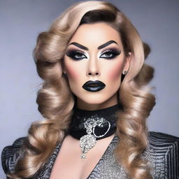 A feminine crossdressed male with heavy makeup, showcasing a bold and dramatic look