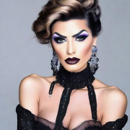 A feminine crossdressed male with heavy makeup, showcasing a bold and dramatic look