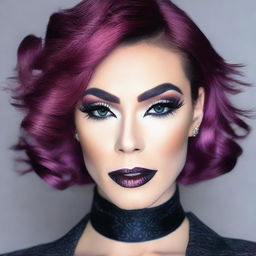 A feminine crossdressed male with heavy makeup, showcasing a bold and dramatic look