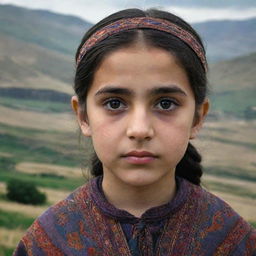 A young Armenian girl in traditional clothing, with her dark, expressive eyes brimming with pride. She stands against a landscape filled with mountainous terrain symbolic of Armenia.