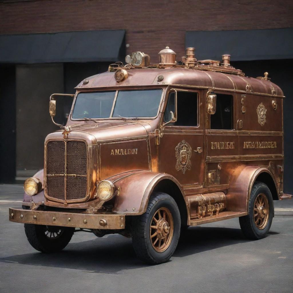 An ambulance beautifully reimagined in steampunk fashion, featuring vintage styling, brass and copper fixtures, integrated steam-powered mechanisms, and detailed gearwork.