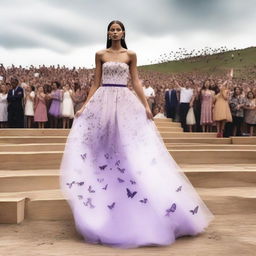 Create an image of a woman in a fashion show where the floor is made of dirt and there are wooden bleachers around, filled with people watching the show