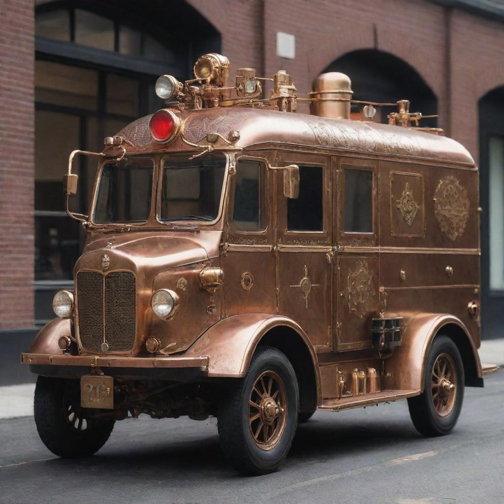 An ambulance beautifully reimagined in steampunk fashion, featuring vintage styling, brass and copper fixtures, integrated steam-powered mechanisms, and detailed gearwork.