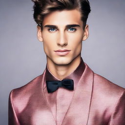 A young male wearing a stylish cocktail dress with perfect makeup