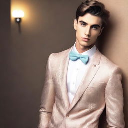 A young male wearing a stylish cocktail dress with perfect makeup