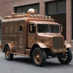 An ambulance beautifully reimagined in steampunk fashion, featuring vintage styling, brass and copper fixtures, integrated steam-powered mechanisms, and detailed gearwork.