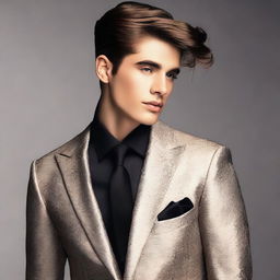 A young male wearing a stylish cocktail dress with perfect makeup