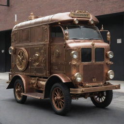 An ambulance beautifully reimagined in steampunk fashion, featuring vintage styling, brass and copper fixtures, integrated steam-powered mechanisms, and detailed gearwork.