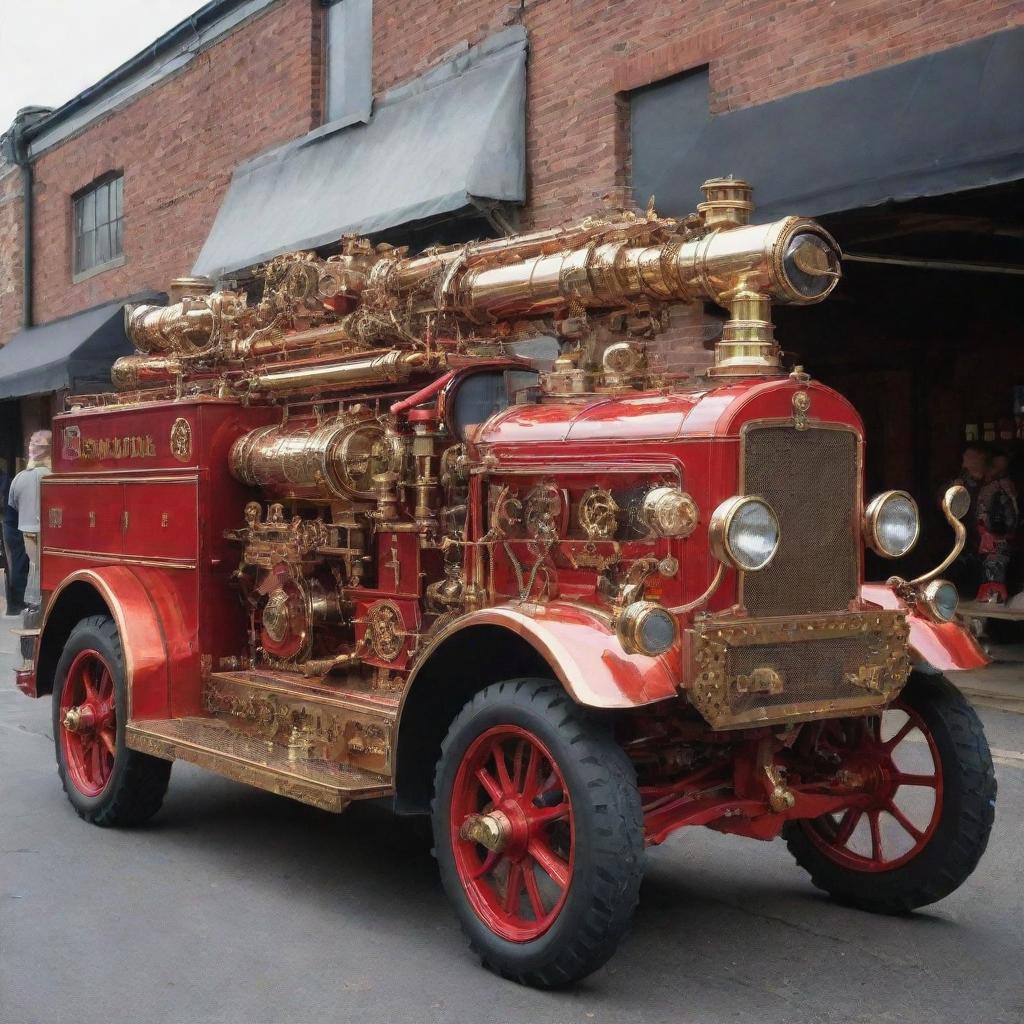 A fire engine transformed into a steampunk spectacle, with intricate brass and copper fittings, vintage charm, steam-driven engines, and a complex array of gears and indicators.