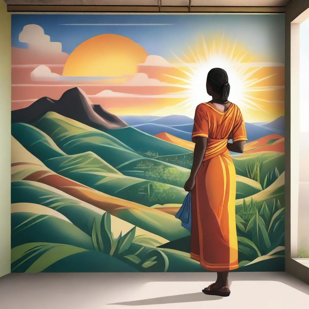 A mural drawing of a woman standing and looking at the promised land, which can symbolically represent an office