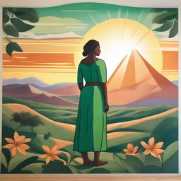 A mural drawing of a woman standing and looking at the promised land, which can symbolically represent an office